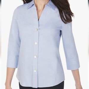 NEW Foxcroft Womens Button Up Shirt Non-Iron Essential Paige 3/4 sleeve Blue 12P